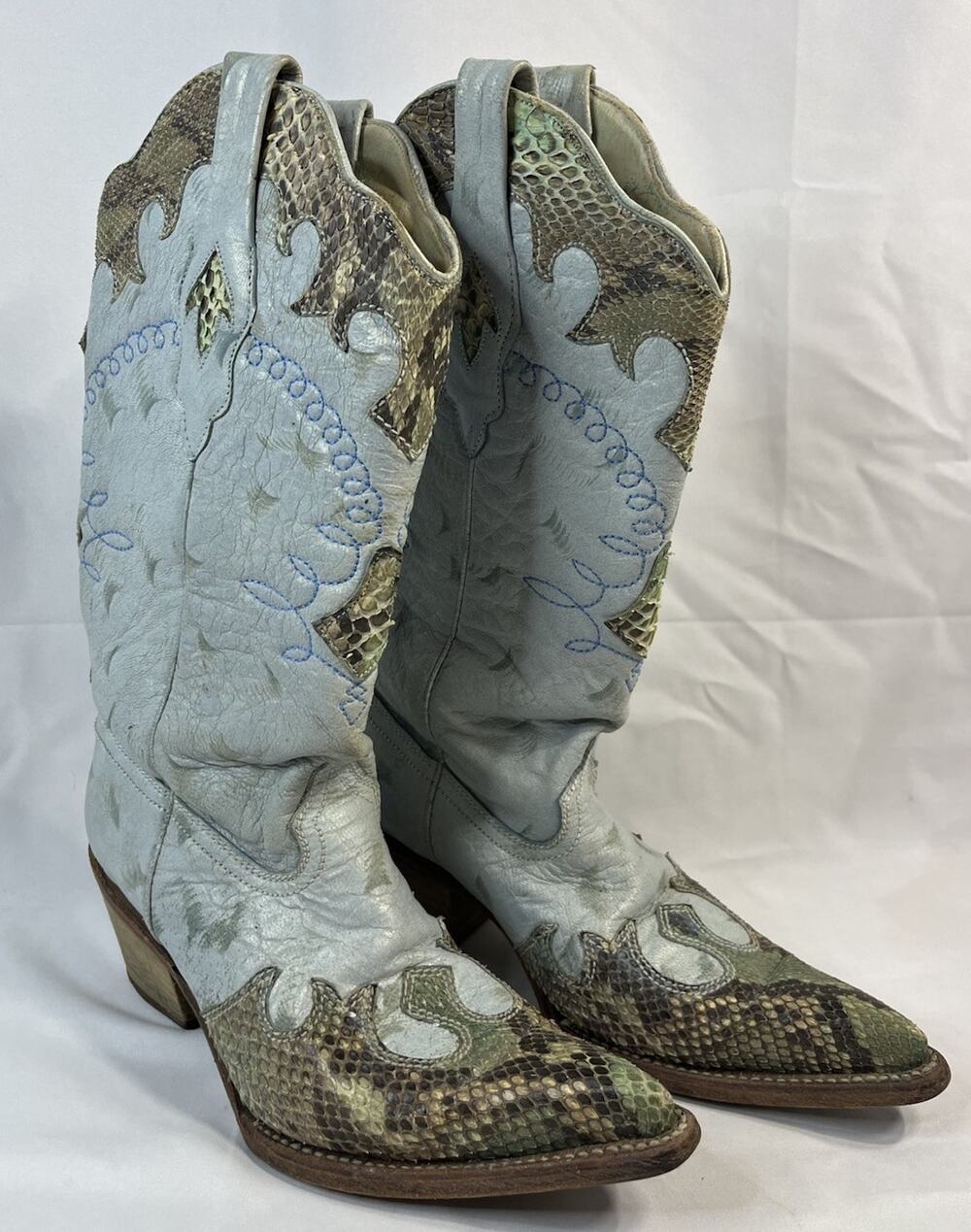Cuadra Frida Western Boots Womens 7 Blue Leather Snakeskin Snip Toe Exotic Vtg